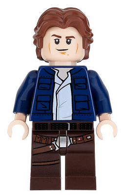 Han Solo, jambes marron foncé avec motif d'étui, veste bleu foncé, cheveux ondulés | sw0879
