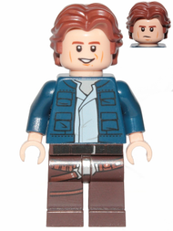 Han Solo, jambes marron foncé avec motif d'étui, veste bleu foncé, cheveux ondulés, sourire/froncement de sourcils | sw1021