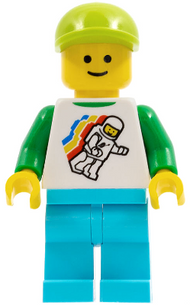 Classic Space Minifigure Floating Pattern, Medium Azure Legs, Lime Short Bill Cap, Standard Grin | twn304